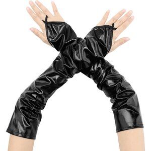 Women's Black Metallic Sparkle Shiny Finger Loop Gloves Fingerless Arm Length